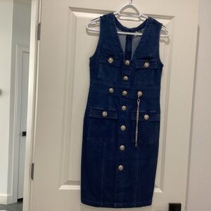 VENUS Navy Blue Gold Button-Front Midi Dress with Gold Chain -Size 8 - NWOT